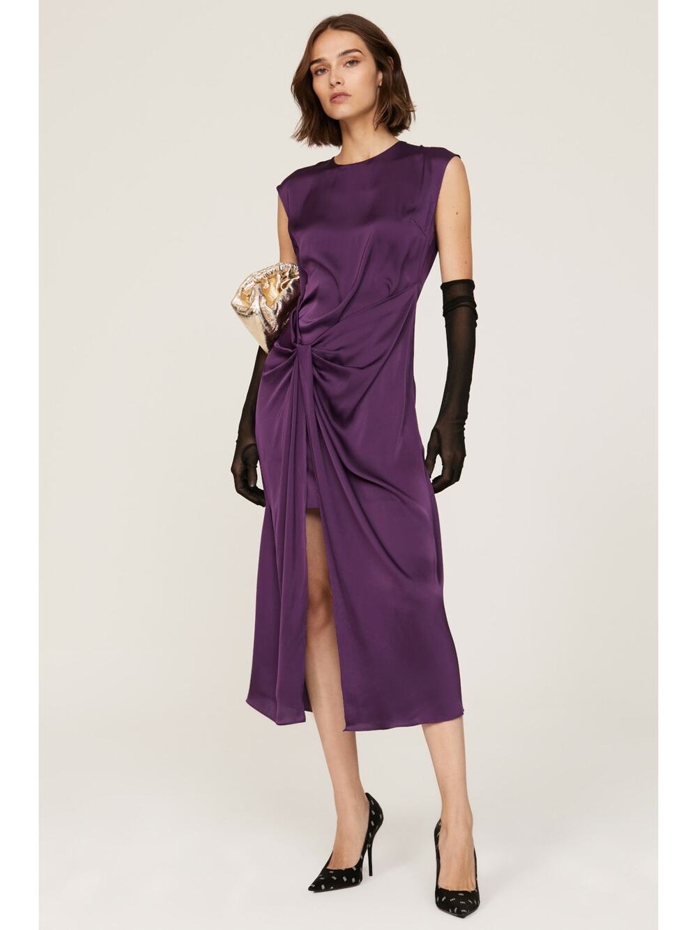 MARINA MOSCONE COLLECTIVE Purple Satin Shift Knot Sleeveless Dress Size 14